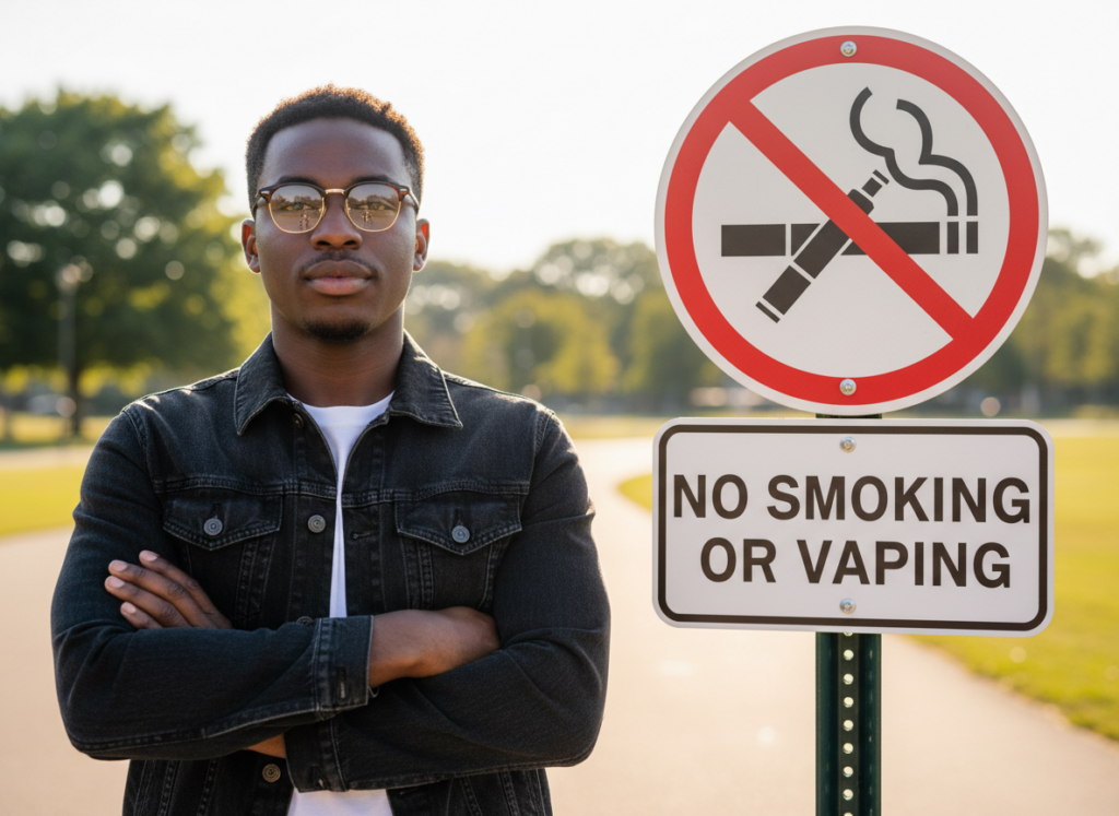photo of man next to no tobacco no vaping sign
